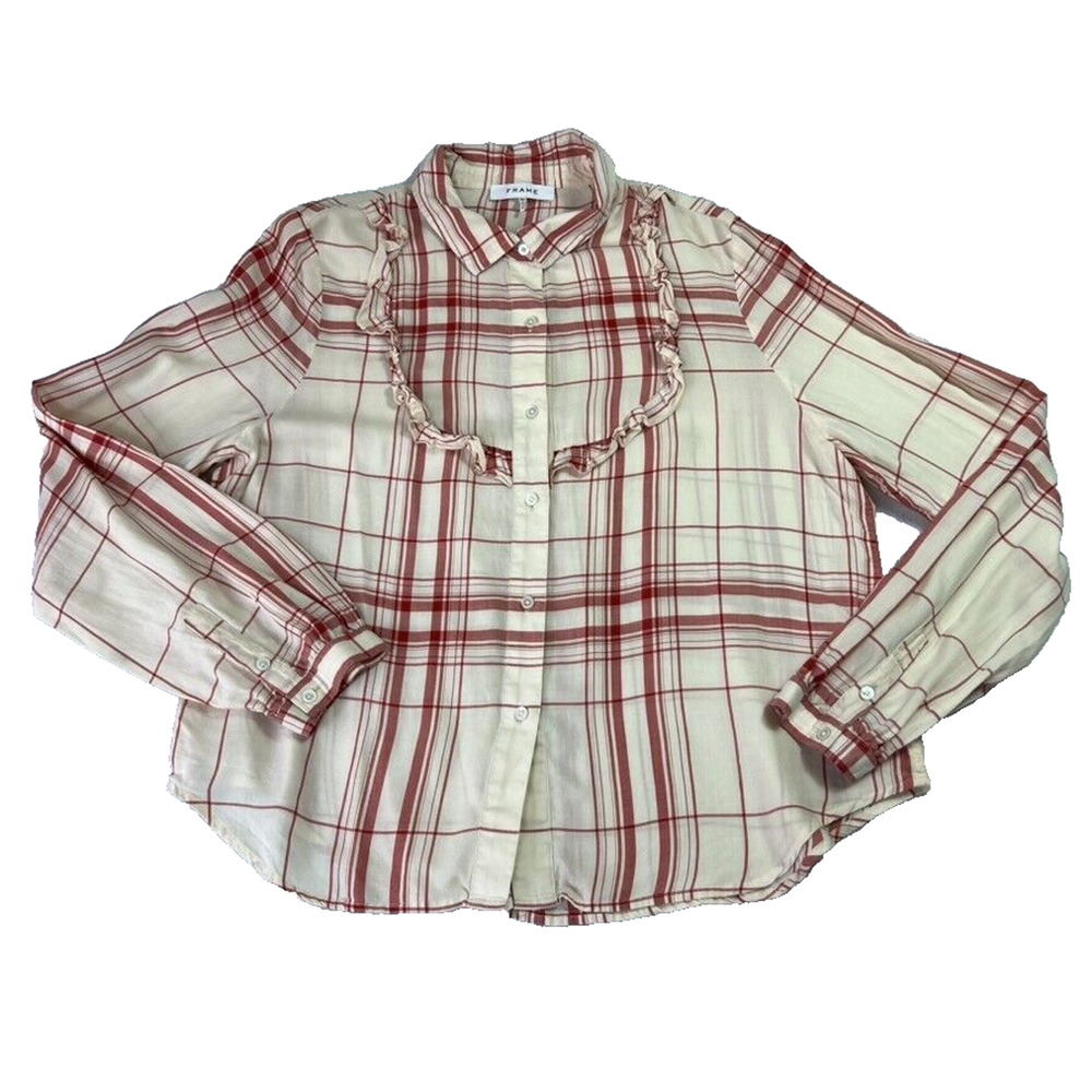 Frame Shirt Womens XL Red Cream Plaid Ruffle Bib Front Button Down Long Sleeve
